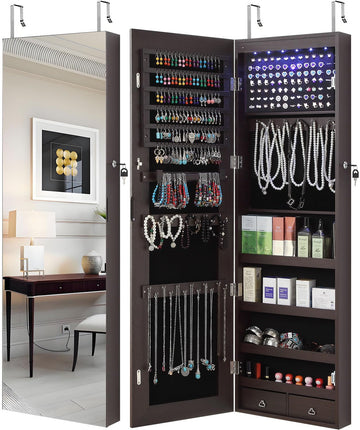 Full Length Mirror Jewelry Cabinet, 6 LEDs Jewelry Armoire Wall Mounted Over The Door Hanging, Jewelry Organizer