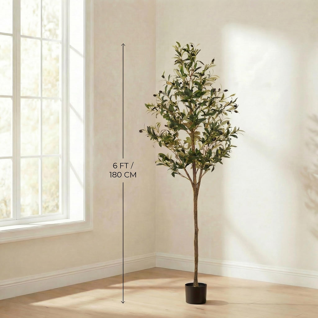 Artificial Olive Tree, 6FT Faux Olive Trees with Lifelike Olive Branches and Fruits, Fake Floor Plants with Pot for