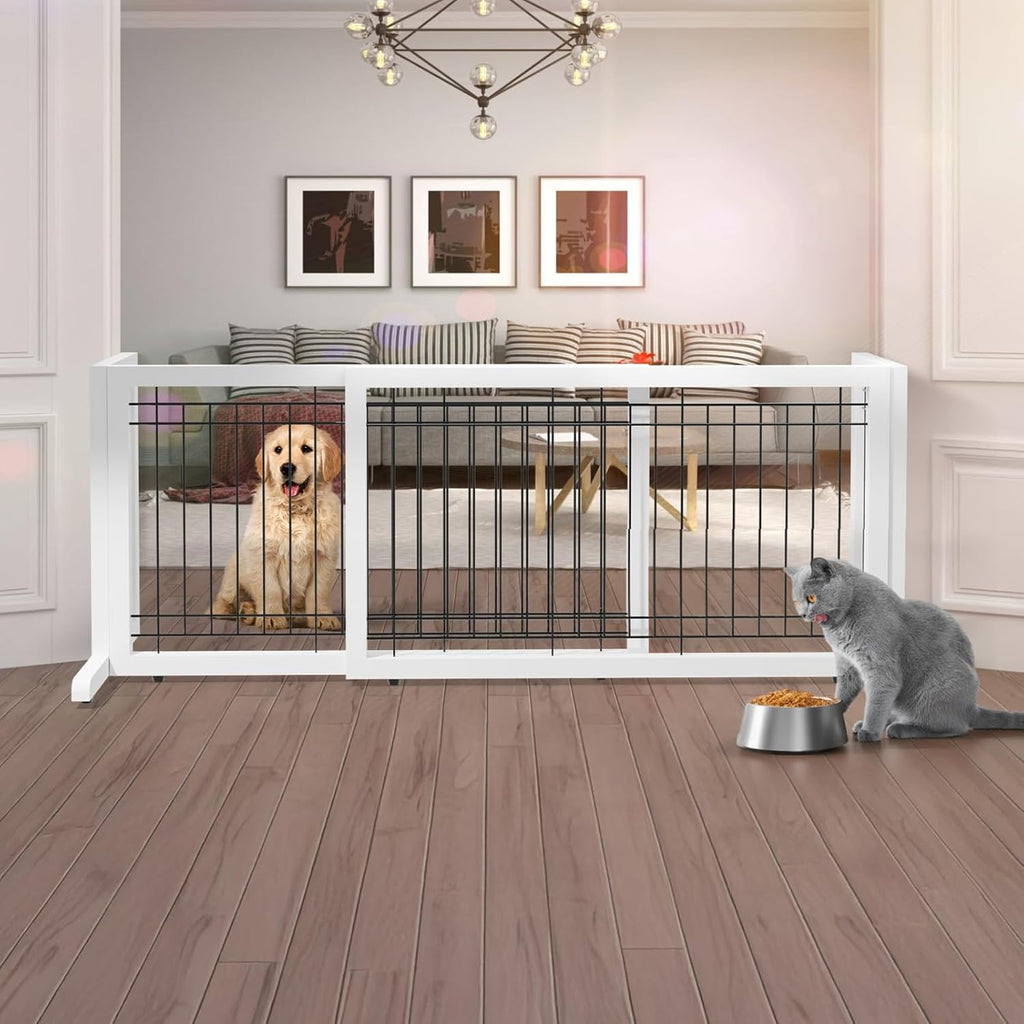 Free Standing Dog Gate, 39" - 68" Wide Pet Gate for Fireplace Stairs Doorways, Wooden Adjustable Pet Fence Indoor
