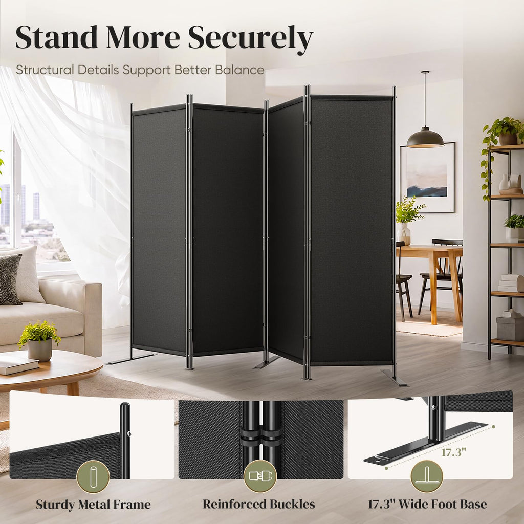 4 Panel Room Divider 6FT Tall Folding Privacy Screen, Black
