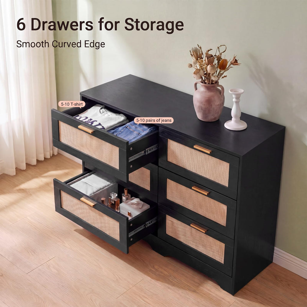 Dresser 6 Drawer Dresser Bedroom Furniture Storage Living Room Hallway, High Weight Capacity 300lbs, Imitation Rattan