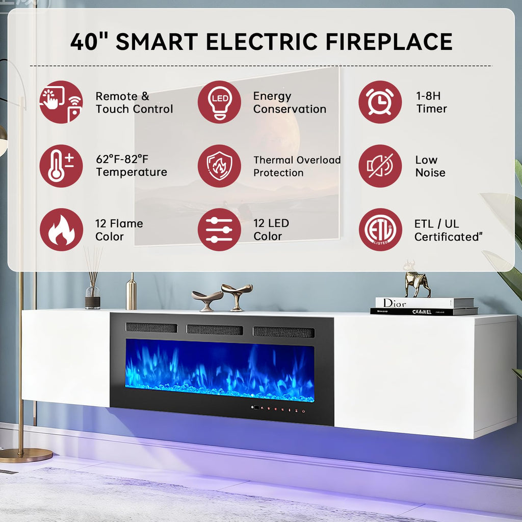 80" Floating TV Stand with 40" Electric Fireplace, Modern Entertainment Center with Storage, Adjustable 12-Color LED