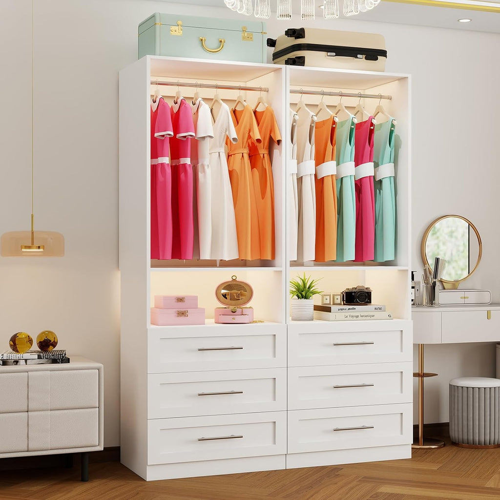 Closet System of 2 Sets with 6 Drawers, 4FT-10FT Modular Closet Organizer Systems Shelving, Wood Closet Systems for