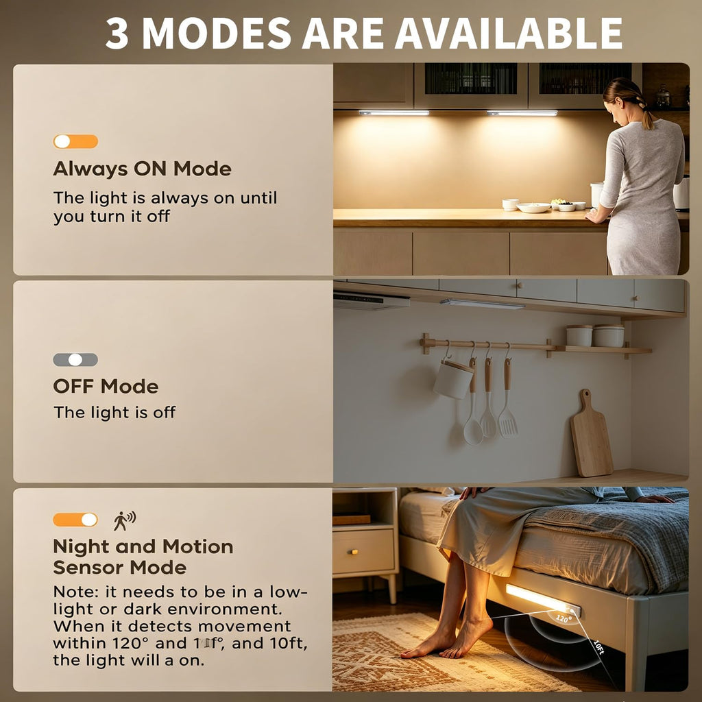 6Pack Under Cabinet Lights Rechargeable Under Cabinet Lighting Wireless Motion Sensor Led Lights Indoor with 3 Color