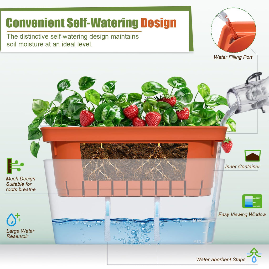 Self Watering Pots for Indoor Plants, 6 Pack 10.5 Inch Plastic Window Herb Planter Box with Water Level Indicator