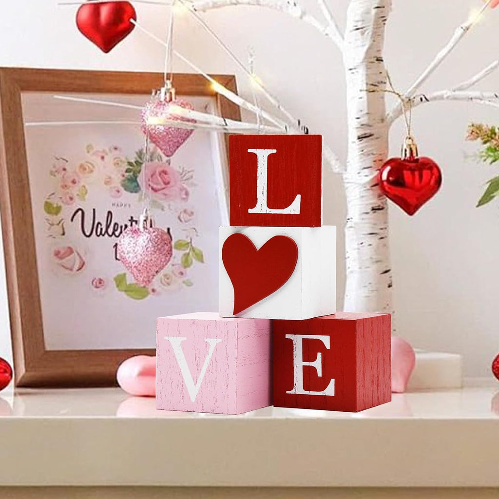 Valentines Day Decorations Love Signs, 3D Heart Wooden Sign Rustic Valentines Day Table Decor Farmhouse Tiered Tray - Set of 4