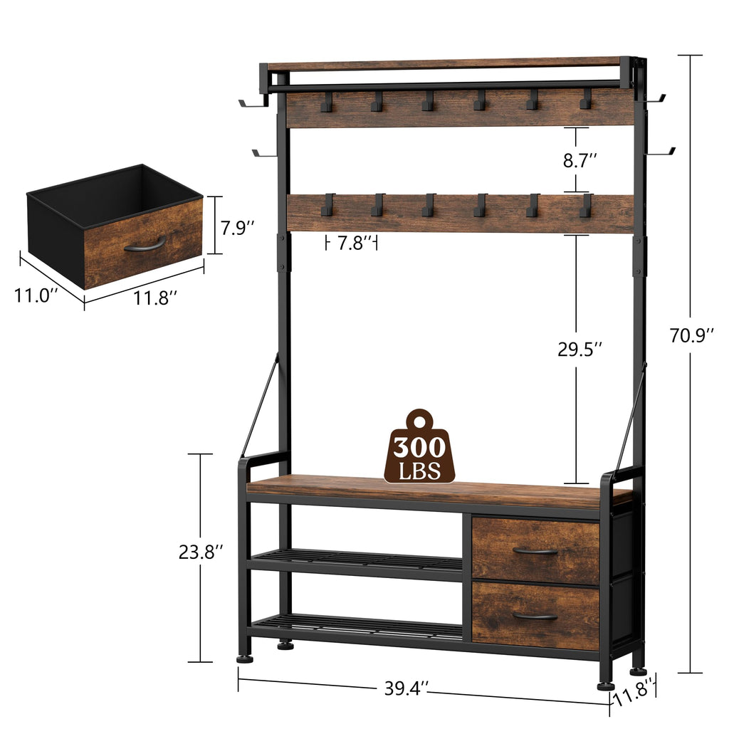 Coat Rack, 39.4" Hall Tree with Shoe Storage Bench, Rustic Brown
