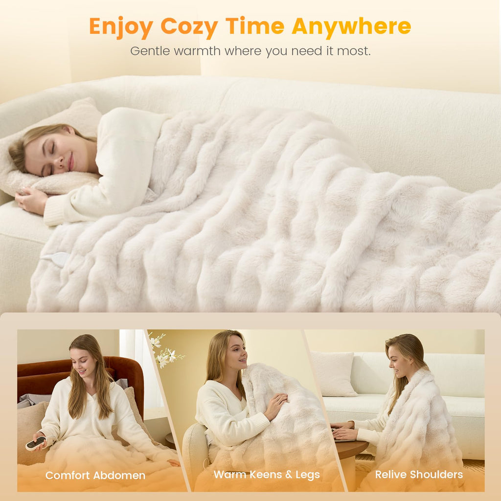 Heated Bubble Faux Fur Blanket Electric - 62"x84" Heating Blanket Throw 2/4/6/8 Hours Auto-Off 8 Heat Level Over-Heat
