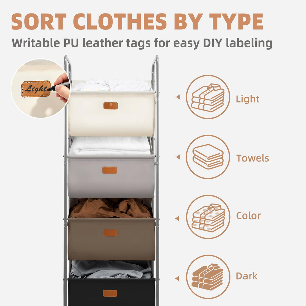 Vertical Rolling Laundry Hamper, 4 Section Laundry Sorter