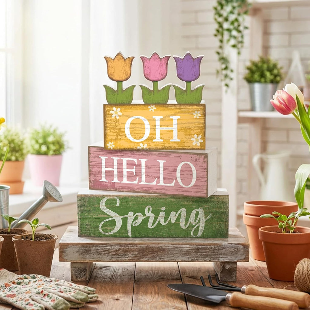 Hello Spring Decoration Wooden Tulip Tiered Tray Decor Spring Centerpieces for Table Double Side Flower Wooden - Set of 9