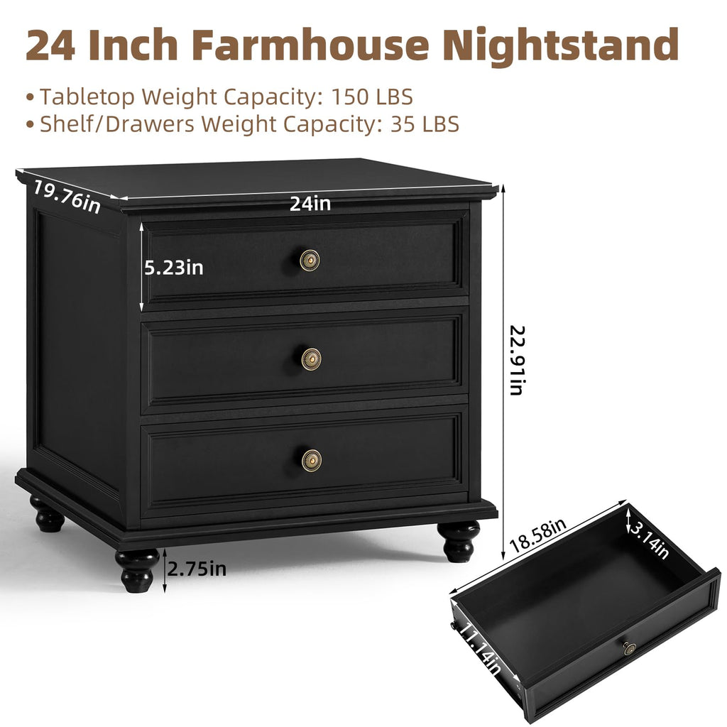 24" Wide Farmhouse Night Stand Set of 2, Large End Table with 3 Drawers & Metal Handle, Wood Cabinet, Bed Side Table