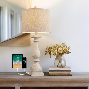 Retro 27" USB Charging Ports A/C Wash-White Farmhouse Lamps s Side Table Lamps Bedside Lamp for Nightstand Living