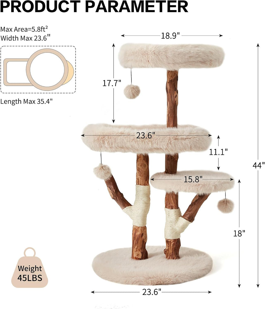 44" Heavy-Duty Stable Natural Wood Cat Tree for Large Cats