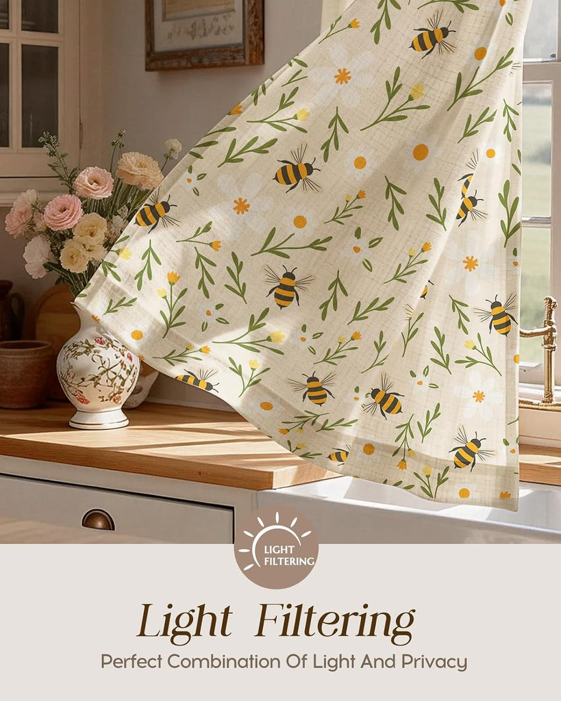Bee Kitchen Tier Curtains - 45 Inch Length Linen Blend Country Cafe Curtains Farmhouse Small Window Treatments Over