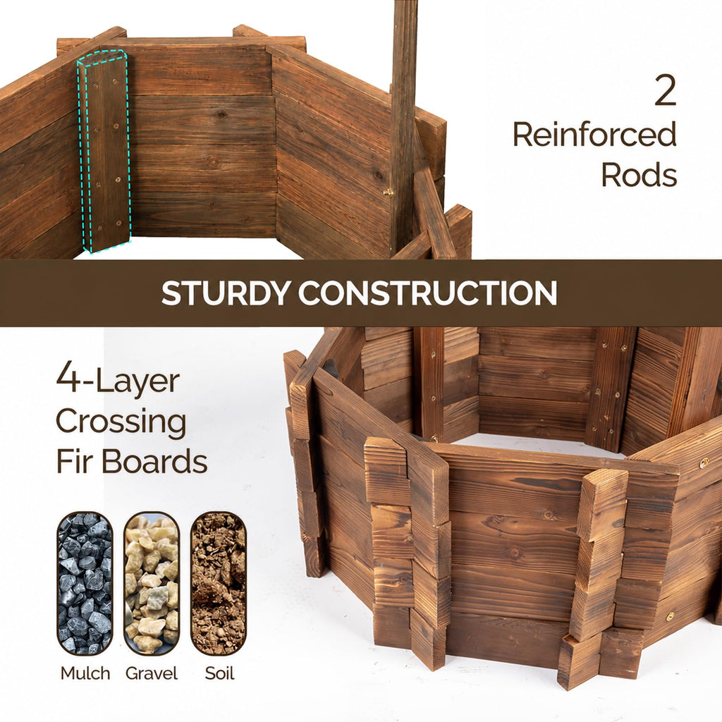 Wooden Wishing Well Outdoor Planters, Well Covers for Yard with 2 Reinforced Rods, Height Adjustable Hanging Bucket