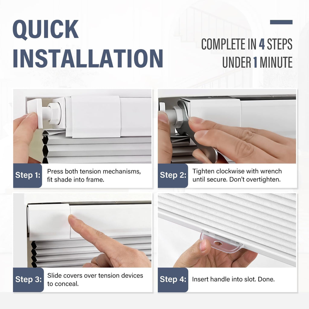 No Drill Cordless Blackout Cellular Shades, White | No Tools Honeycomb Blinds for Indoor Windows, Free-Stop Blackout