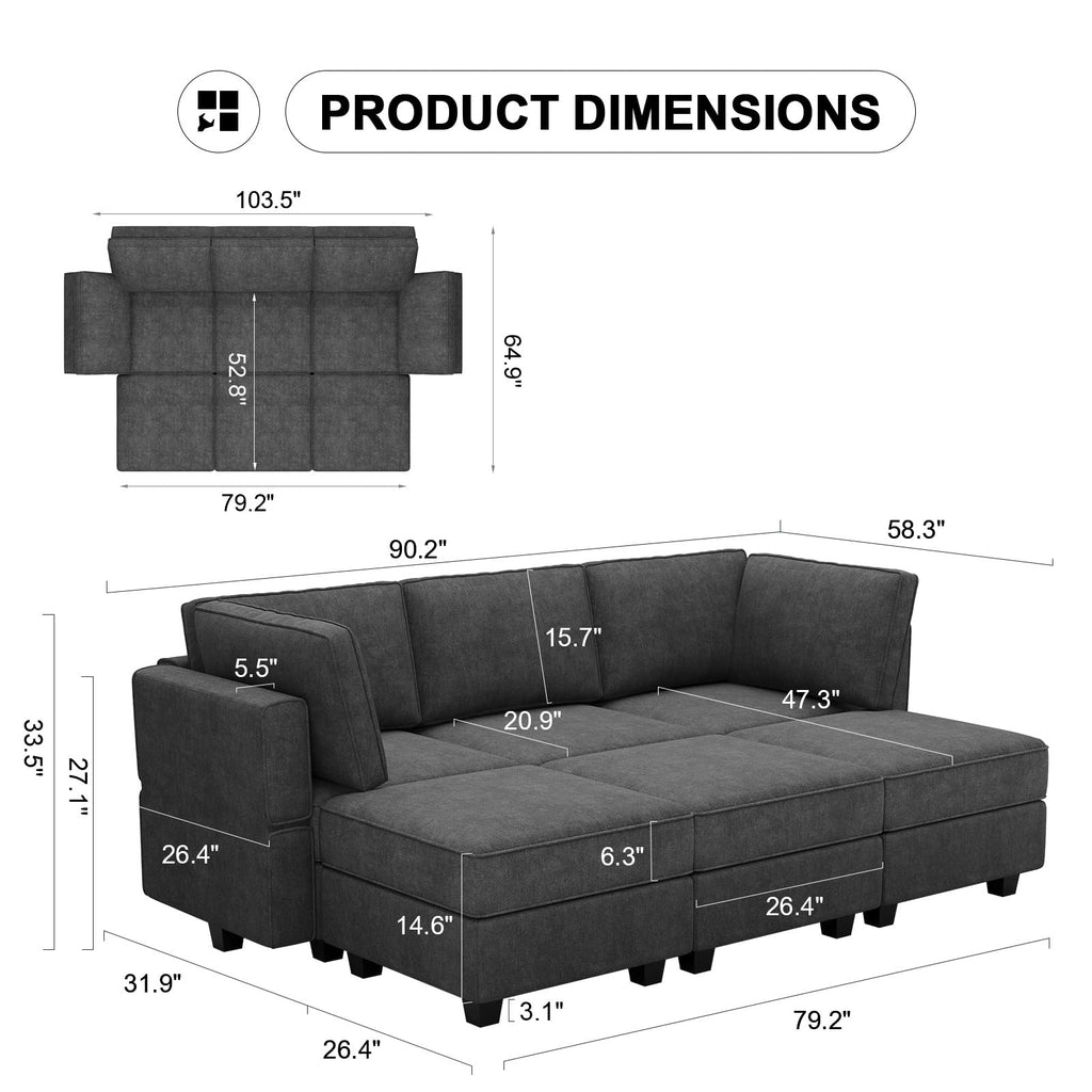 Terry Fabric Modular Sectional Sleeper Sofa Bed with Storage Convertible Sectional Couches 6 Seaters Black Modular