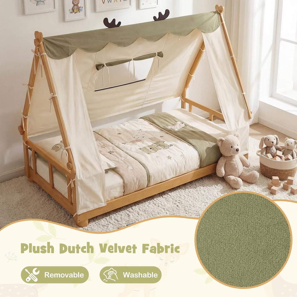 Twin Bed Frames for Kids, Wooden House Antlers-Shaped Floor Bed | Montessori Kids Bed w/Tent, Window, Fence Guard