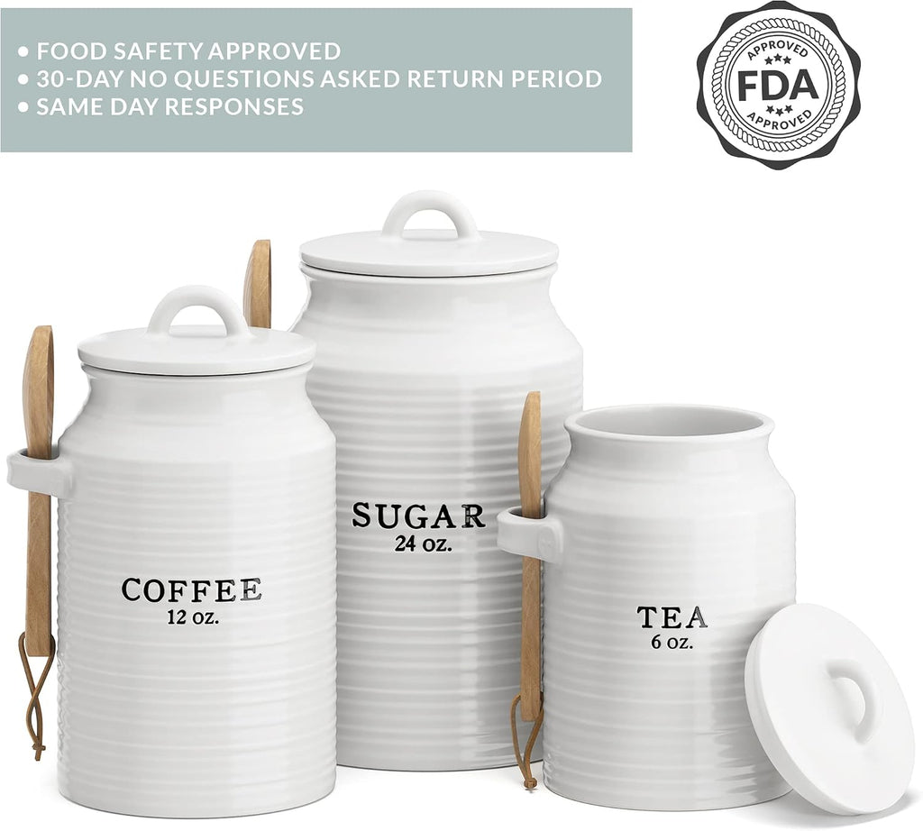 Ceramic Kitchen Canister Set White (Coffee/Sugar/Tea) - Set of 3