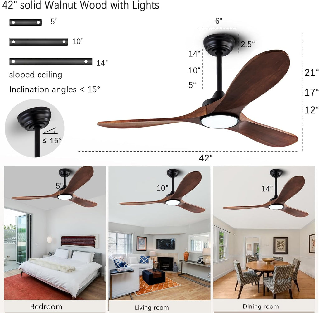 42 Inch Wooden Ceiling Fan with Light and Remote Control - Noiseless Reversible DC Motor, 3 Blades, 6-Speed - Black + Walnut