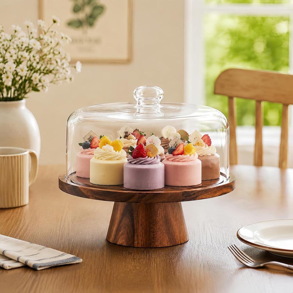 Acacia Wood Cake Stand with Lid - 12 Inch Magnetic Detachable Cake Stand with Dome, Shatterproof Acrylic Cover