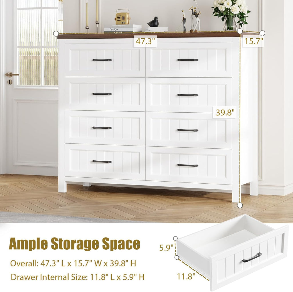 Farmhouse Dresser 8 Drawer Dresser , Large Wooden Dressers Double Grey Dresser with Deep Drawers Dressers (White and