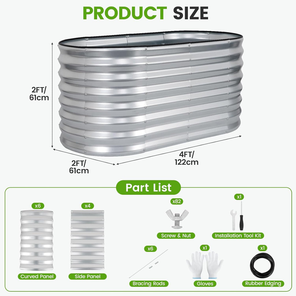 Galvanized Raised Garden Bed 4x2x2ft,Silver Planter Box | 24" Deep Oval Metal Garden Beds with Easy Assembly &