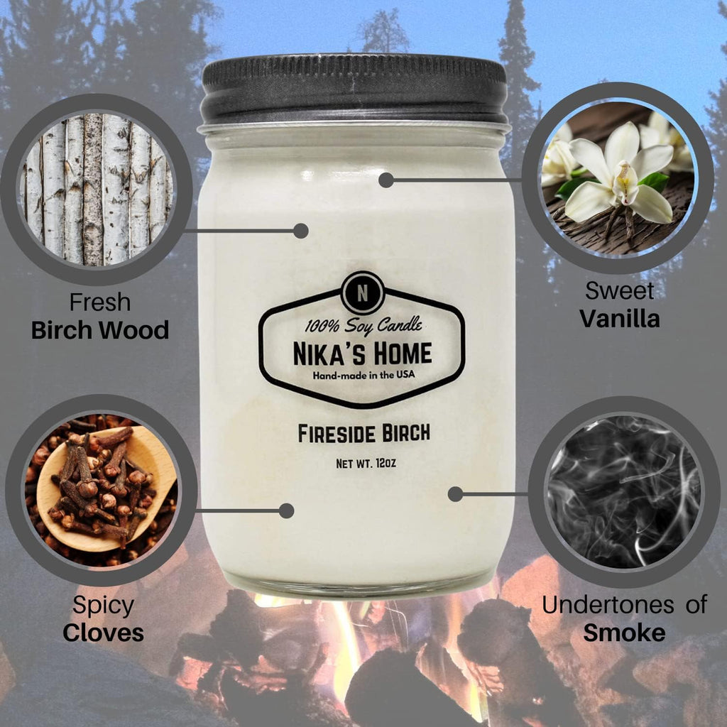 Fireside Birch 12oz Mason Jar Soy Candles - 2 Pack - Hand Poured Handmade, Long Burning 50-60 Hours Highly Scented