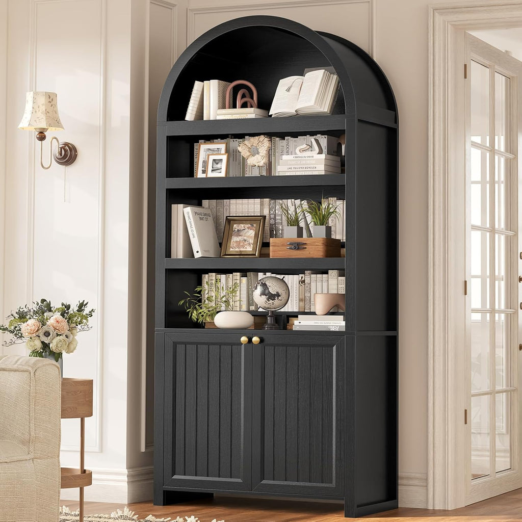 81" Tall Arched Cabinets,Bookcase with storage,Mid-Century Modern 6-Tier Bookshelf with Door,2 Book Risers and
