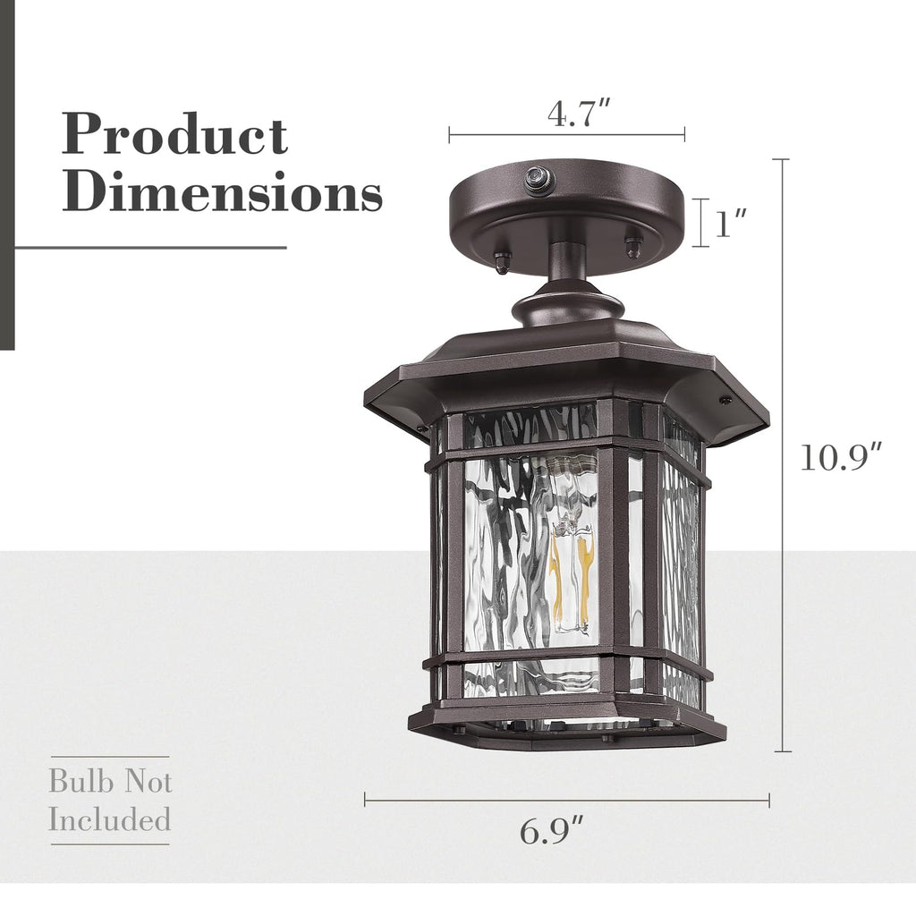 Dusk to Dawn Semi Flush Mount Celing Light, 10.9" Outdoor Porch Light with Water Ripple Glass, Oil Rubbed Bronze