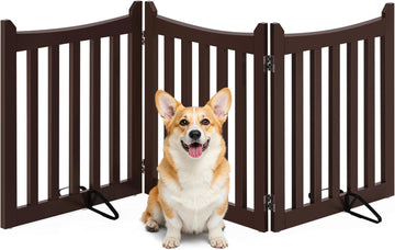 Freestanding Wooden Dog Gate, 3-Panel 24in H Pet Barrier Espresso
