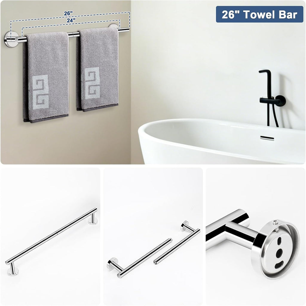 5 Pieces Bathroom Hardware Set SUS304 Thicken Stainless Steel-Towel Rack Kit Include 24" Towel Rod + Bath Towel Ring