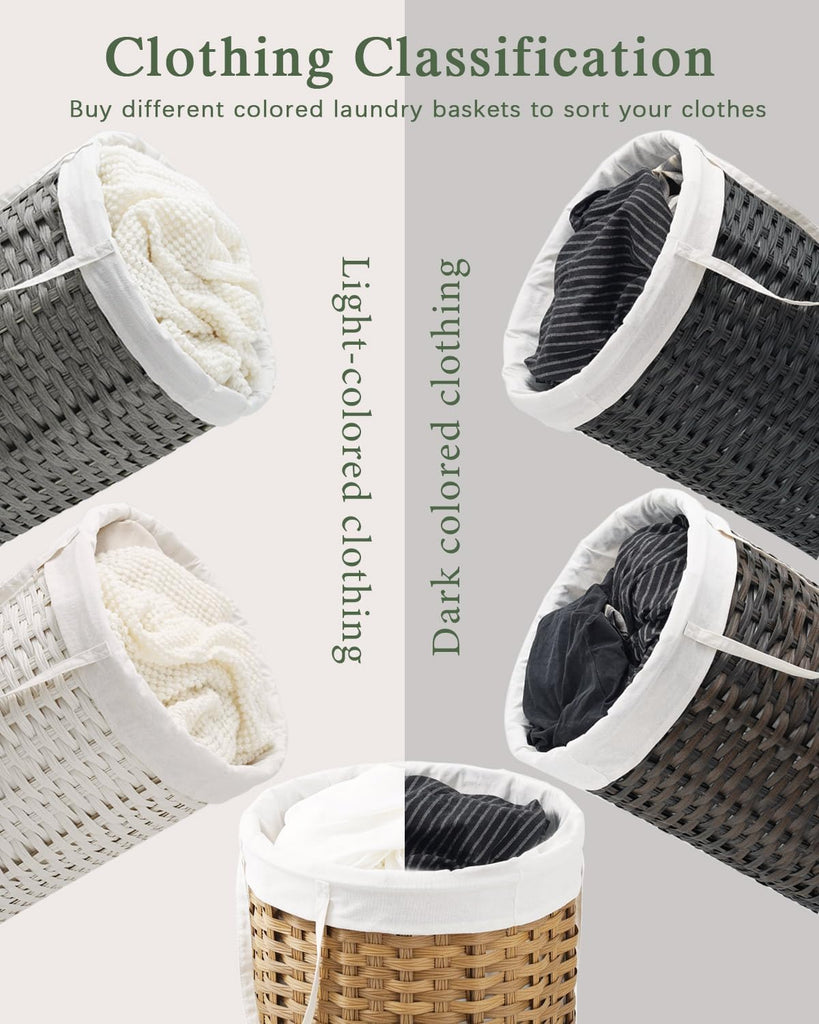 Laundry Basket with Lid Round 29.1 Gal PE Rattan, Natural | Family Clothes & Blanket Trunk with Lid, Removable Liner