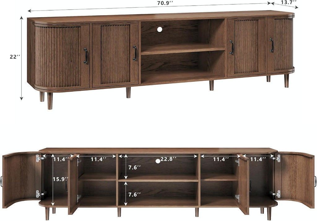 TV Stand for 75 inch TV, Mid Century Modern Entertainment Center for 55/60/65/75 inch TV, with Fluted Door Cabinets &