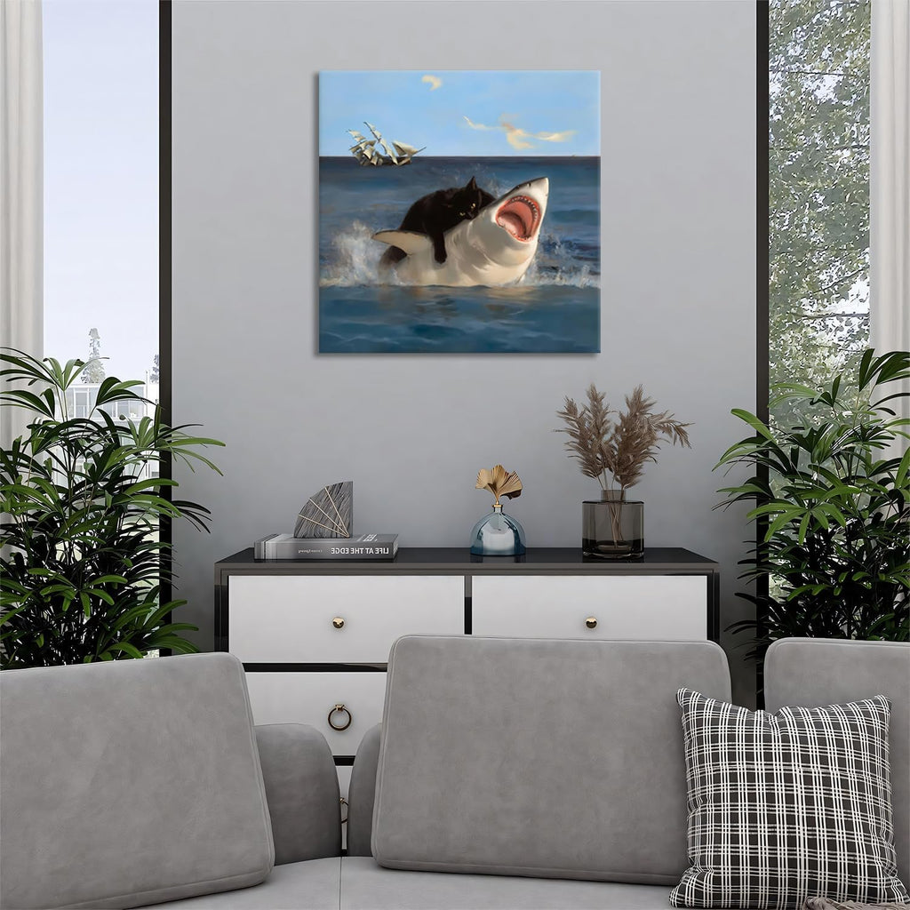 Framed Black Cat Bathroom Wall Art, Funny Quirky Cat and Shark Pictures Canvas Print, Abstract Black Cat Shark