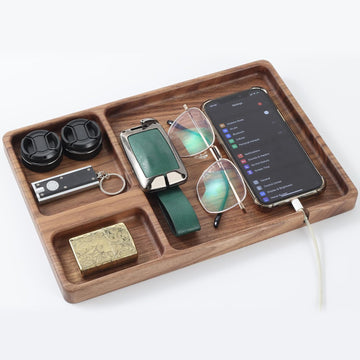 Walnut Wooden Valet Tray - Bedside Table Organizer for Men Dad, Edc Catch All Tray with Cable Slot (11.4 x 7.9 x 0.8