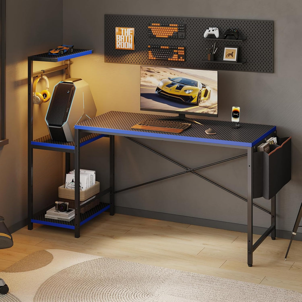 60'' Gaming Desk with LED Lights, Side Storage Bag, Black&Blue | Reversible Shelves, LED Lights, 4-Tier Storage