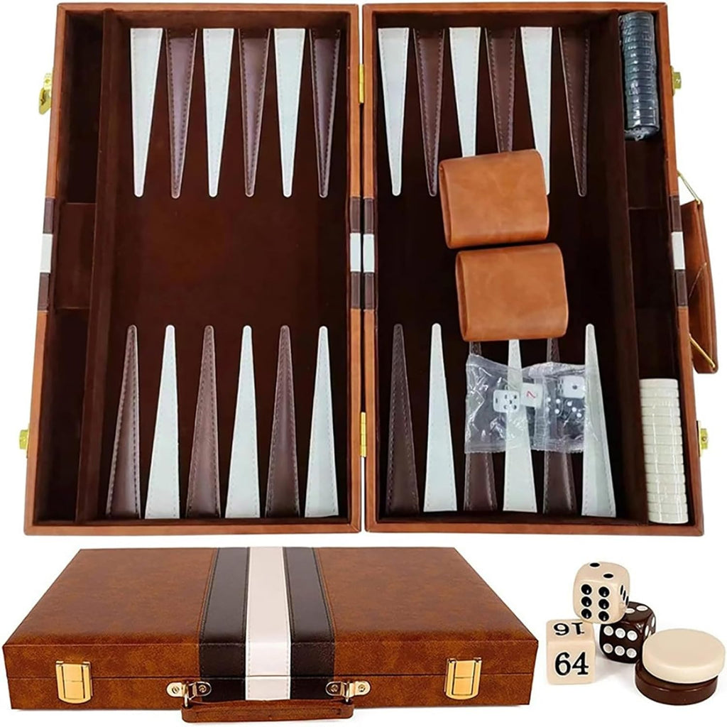 15-Inch Portable Backgammon Set with Folding Board and Leather Travel Case
