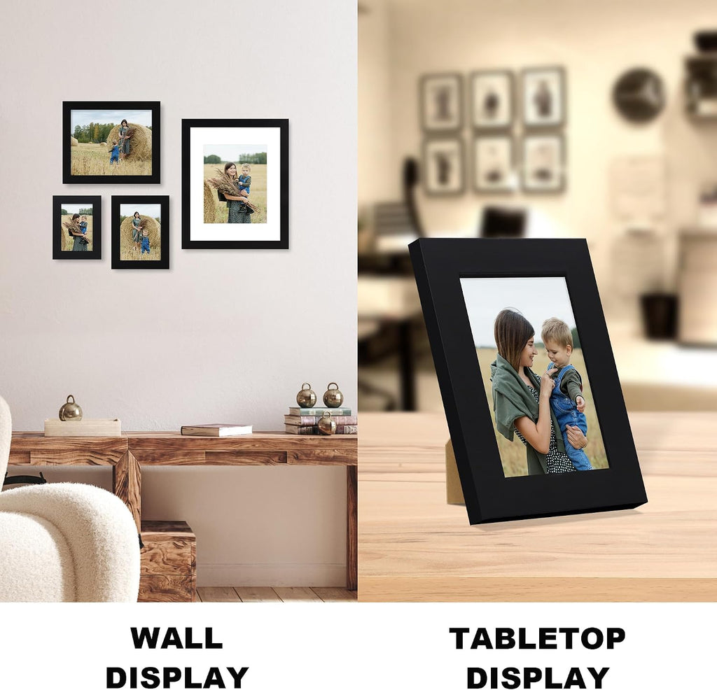 8x10 Picture Frame Set of 6, Black Frame with High Definition Real Glass, 8 x 10 Wood Photo Frames for Tabletop