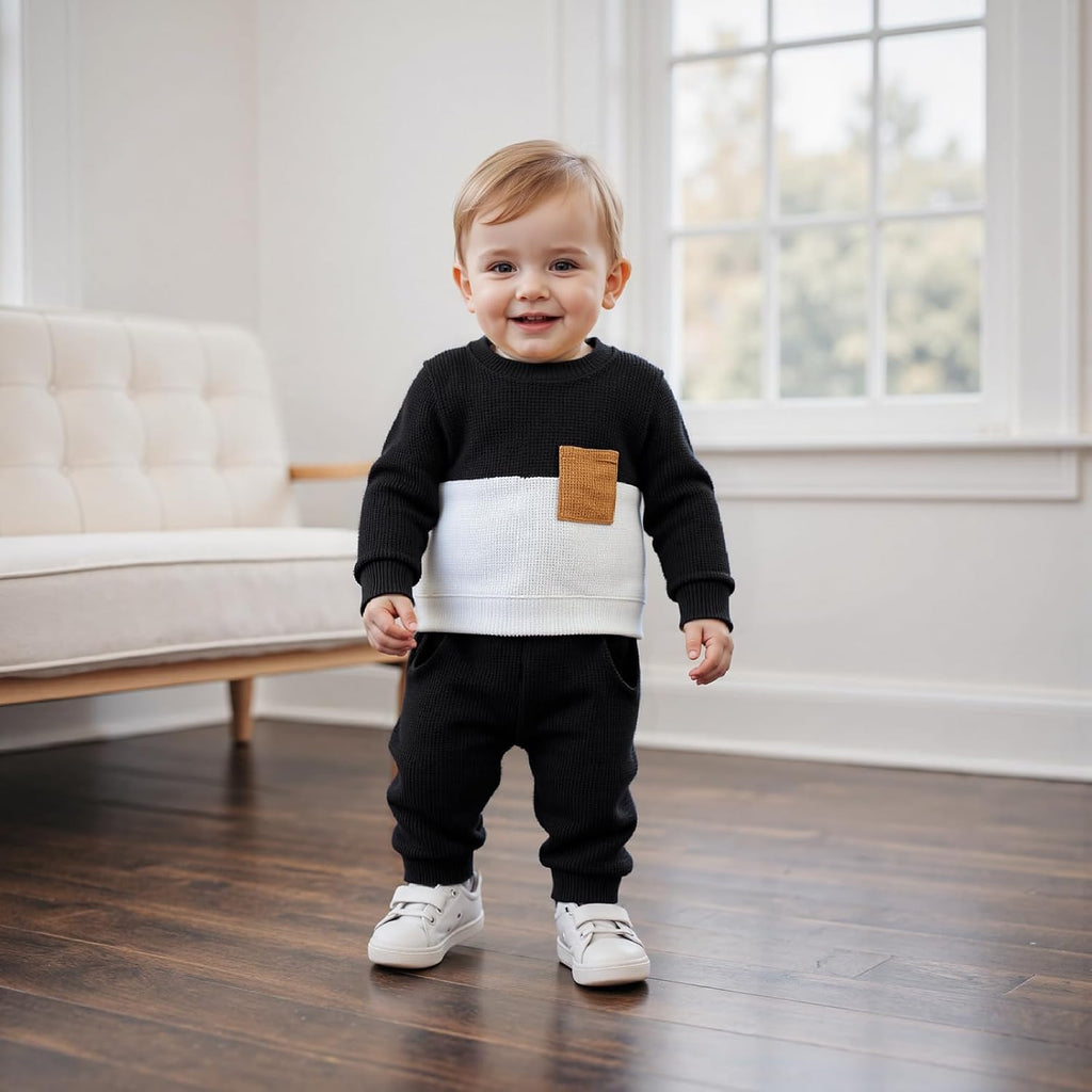 Toddler Baby Boy Fall Outfit Long Sleeve Crew Neck Contrast Color Sweatshirt Top Pant Cute Infant Waffle