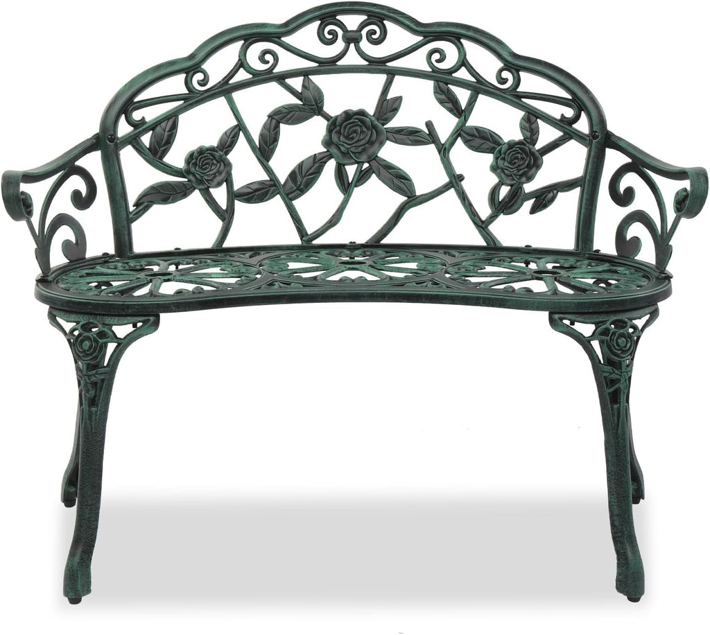 Outdoor Metal Patio Bench, Vintage Porch Bench with Rose Pattern and Curved Legs, Weather Resistant Garden Chair for