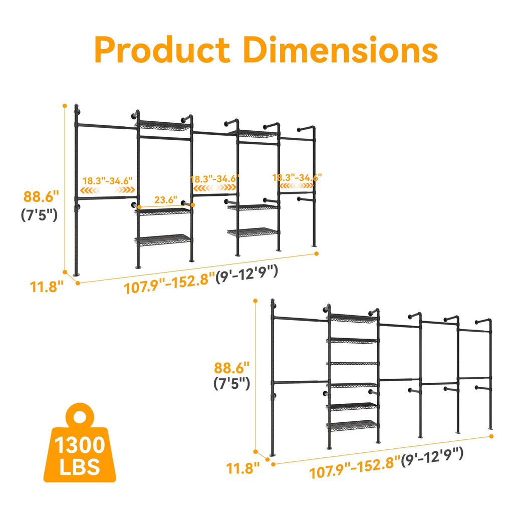 W5 Industrial Pipe Clothes Rack, Heavy Duty Clothing Rack, Black