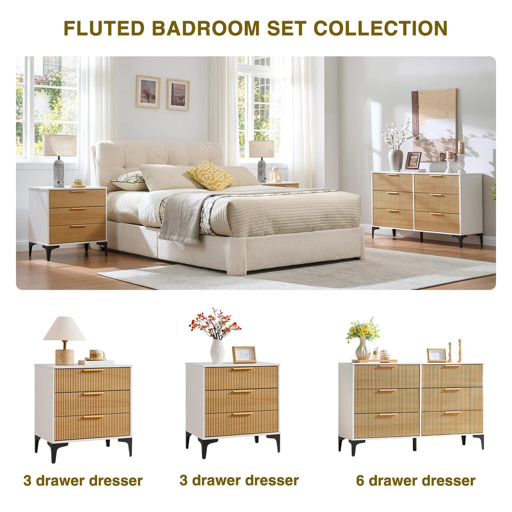 Fluted Dresser, Wide 6 Drawer Wood Dresser, White/Natural Oak