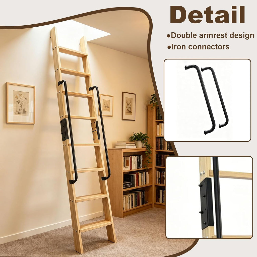 10.8FT Solid Wood Rolling Library Ladder, Industrial Style Loft Ladder with Double Handrails, 10 Steps Attic Ladder