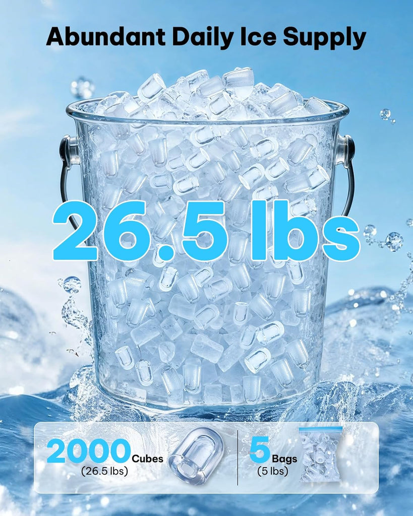 Ice Maker Countertop, 8 Ice Cubes in 6 Mins, 26.5 lbs/24H, 2 Bullet Ice Sizes, Self-Cleaning Bullet Ice Maker