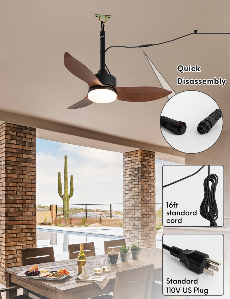 46" Plug In Outdoor Gazebo Ceiling Fan with Light and Hook, IP65 Waterproof Wet Rated Patio Ceiling Fans, Brown
