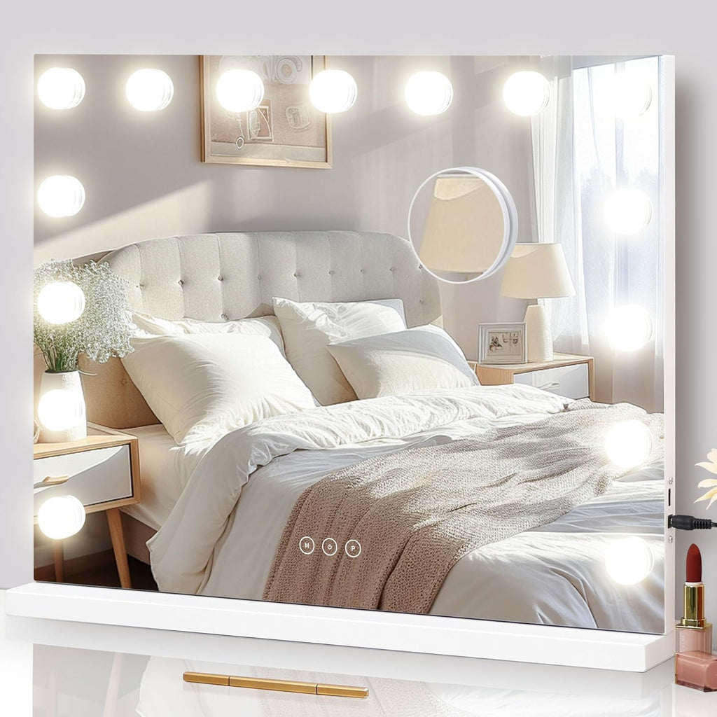 Vanity Mirror with Lights Lighted Makeup Mirror with 15 Dimmable LED Bulbs,3 Color Lighting Modes,USB Charging Port