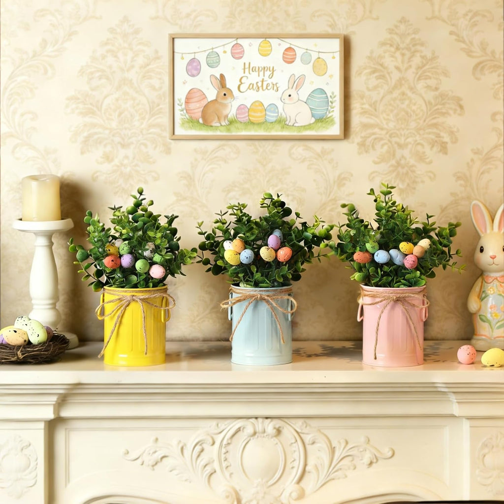 3 Pk Artificial Eucalyptus Potted Plants with Eggs Easter Farmhouse Decor