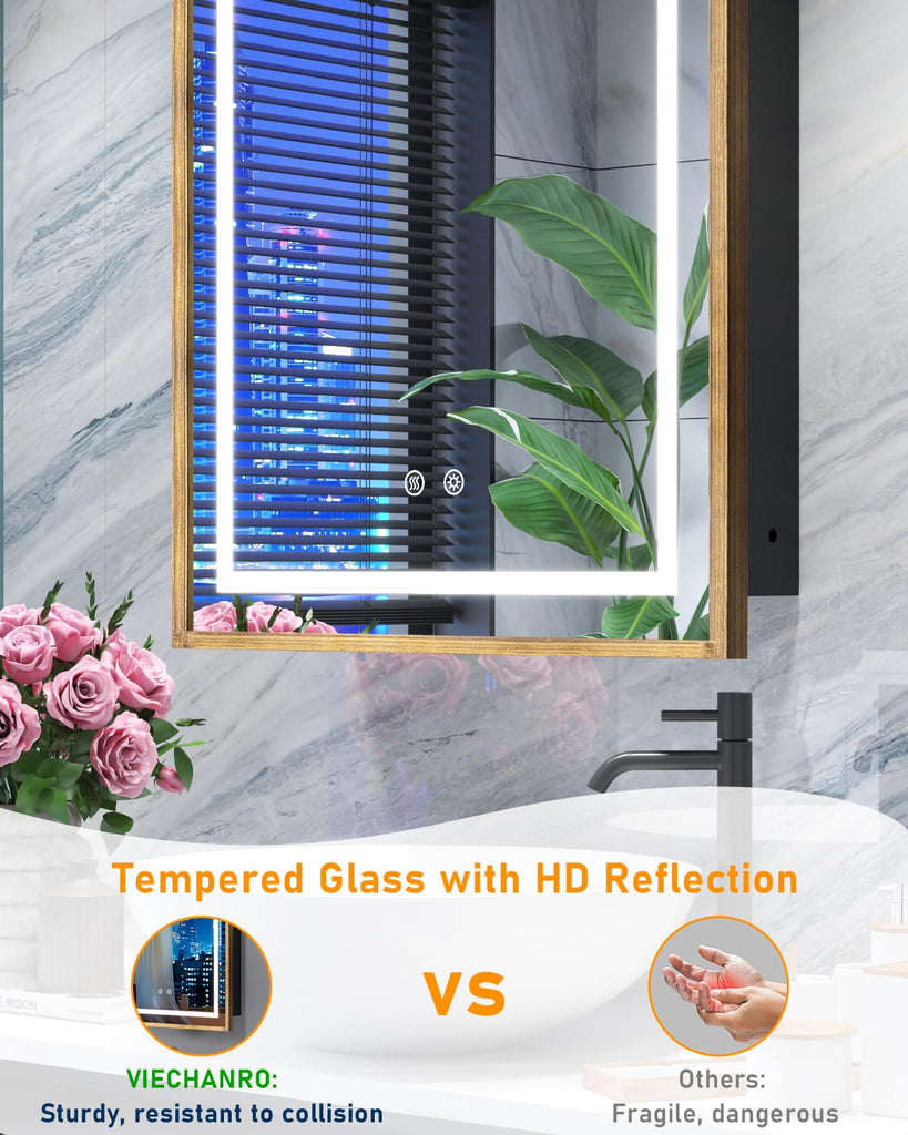 20"x30" LED Bathroom Medicine Cabinet with Mirror and Lights, Bronze Hand-Painted Baroque Bathroom Storage with
