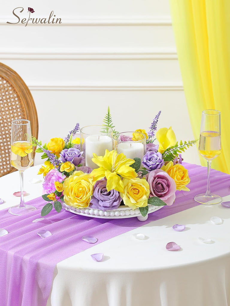 Artificial Yellow & Purple Flowers Silk Fake Rose Flower for Decor